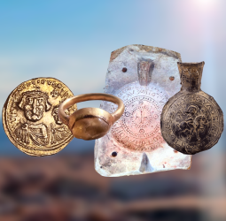 Além das moedas bizantinas de ouro, os arqueólogos também encontraram um molde de pedra usado há cerca de 1.400 anos para fabricar lembranças religiosas levadas por peregrinos cristãos.